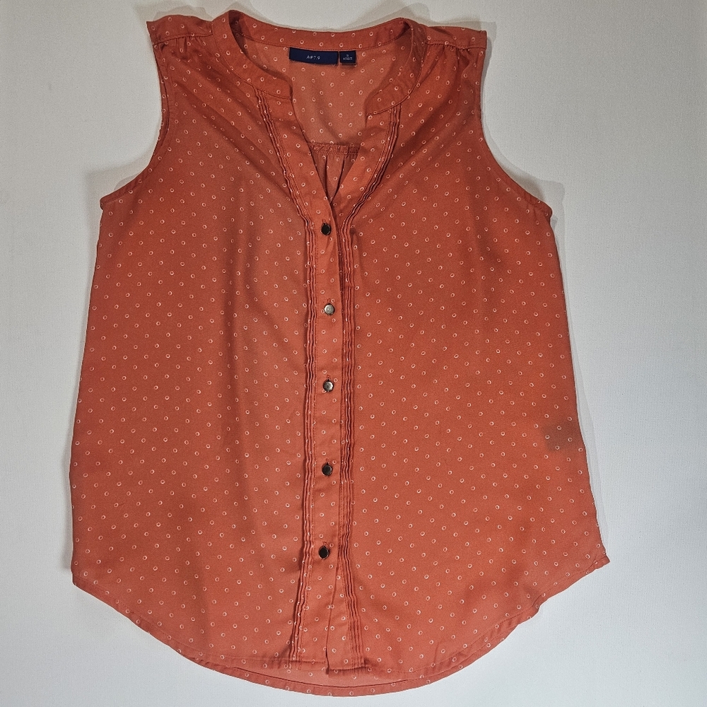 APT 9 Shirt Womens Small Orange Sleeveless Button Front Blouse Polka Dot Top